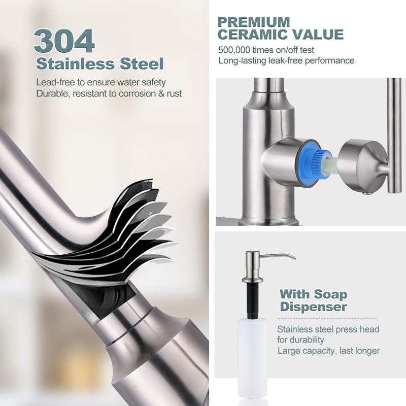 WOWOW Pull Out Kitchen Faucet with Soap Dispenser, Brushed Nickel