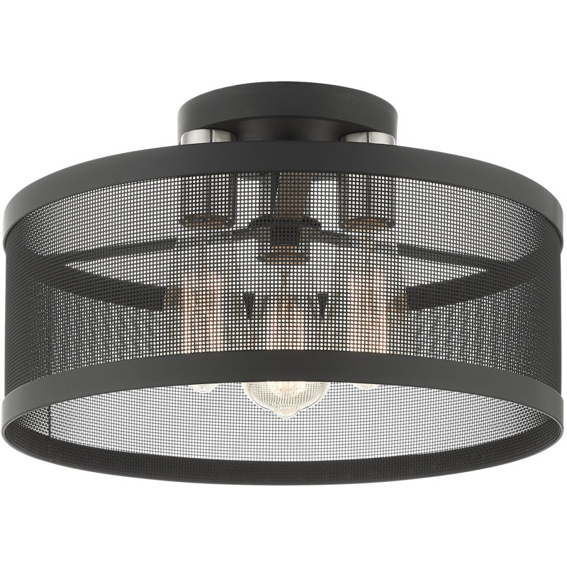 Plafonnier semi-encastré 3 lumières avec abat-jour en maille inoxydable, Noir / Nickel brossé