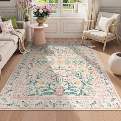 Washable Floral Area Rugs Boho Large Rugs Non-Slip for Bedroom Soft Rubber Backed Carpet