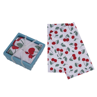 Dolomite Berry Basket with Tea Towels Set of 3, Kitchen Dishtowel, White, Cotton, Countertop, Kitchen, Spring, Textile