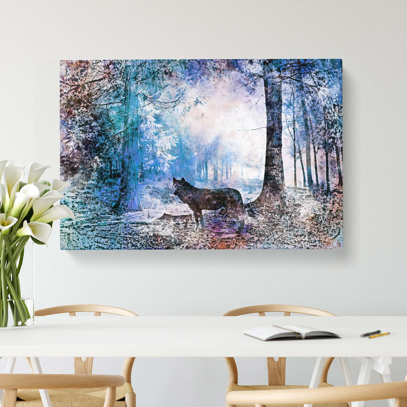 Wolf In A Magical Forest In Abstract - Wrapped Canvas Painting, 60cm H x 91cm W x 3cm D