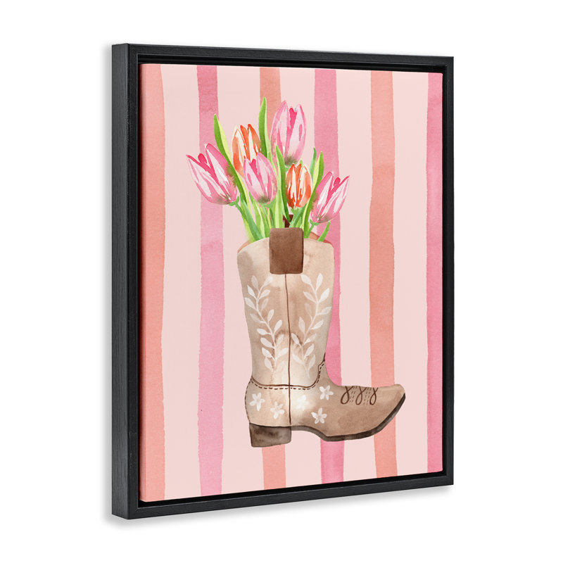 Tulipe Cowgirl sur cadre flottant à rayures, design par Nina Jacobs, H 21 po x l 17 po, Cadre flottant noir de jais