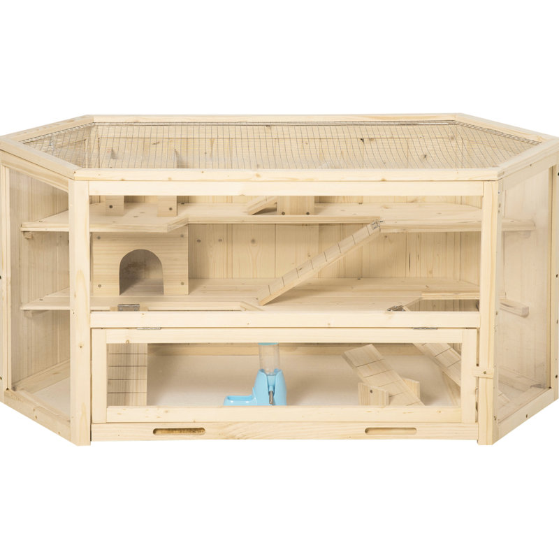 Cage à hamster en bois à 3 niveaux - Livrée avec balançoires à bascule, bouteille d'eau et aire de jeu excitante avec centre d'activités captivant