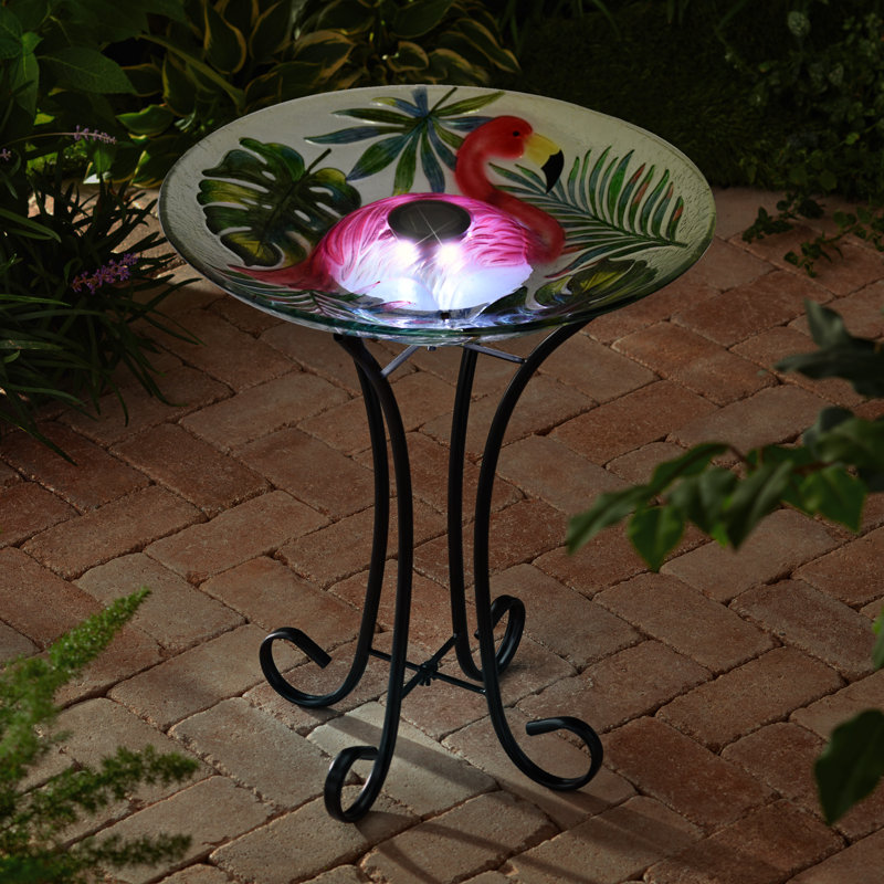  Solar LED Verdant Glass Bird Bath with Stand - Flamingo