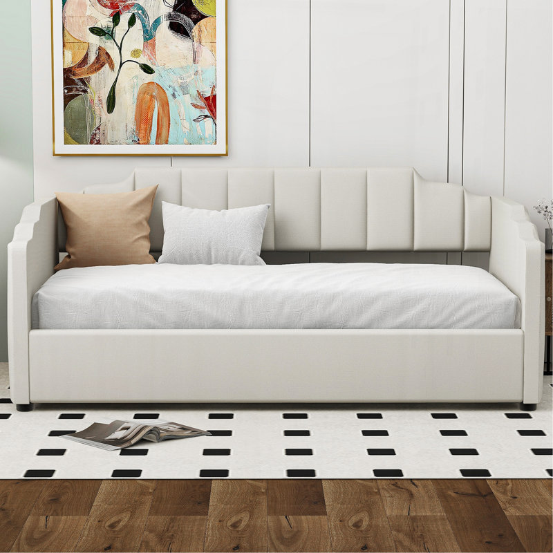 Lit de jour rembourré avec rangement inférieur, Beige, Lit simple