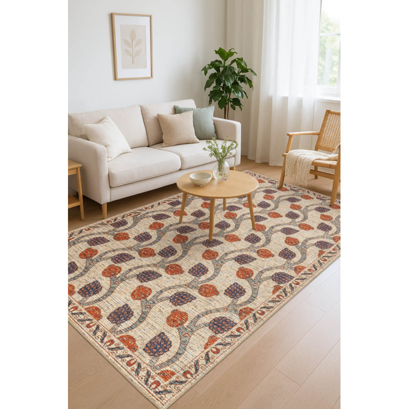 Heileman Beige Vintage Textured Pomegranate Patterned Woven Based Chenille Carpet, Round 8'3"