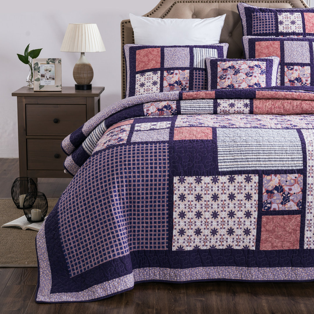 Purple Patchwork Quilt Bedspread Set – Modern Geometric Design 100% Cotton DaDa Bedding 