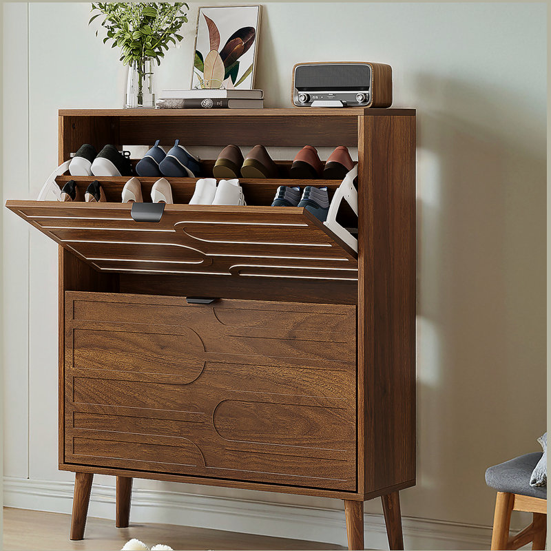 Modern Independent Shoe Cabinet, 31.5-inch Walnut Shoe Storage Cabinet,, Fence Shoe Cabinet with 2 Flip Drawers