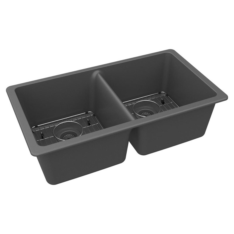 Elkay Quartz Classic 33" x 18-1/2" x 9-1/2", Equal Double Bowl Undermount Sink Kit, Matte Black, Graphite
