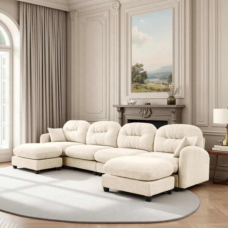 Canapé modulaire en U avec repose-pieds et canapé en chenille, Chenille beige