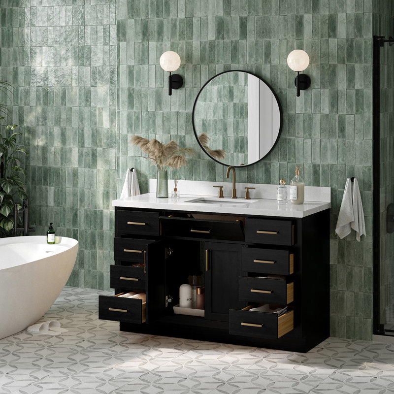 Meuble-lavabo simple en bois massif 54 po avec lavabo à quartz blanc 1,5 po Thornaby, Forme rectangulaire