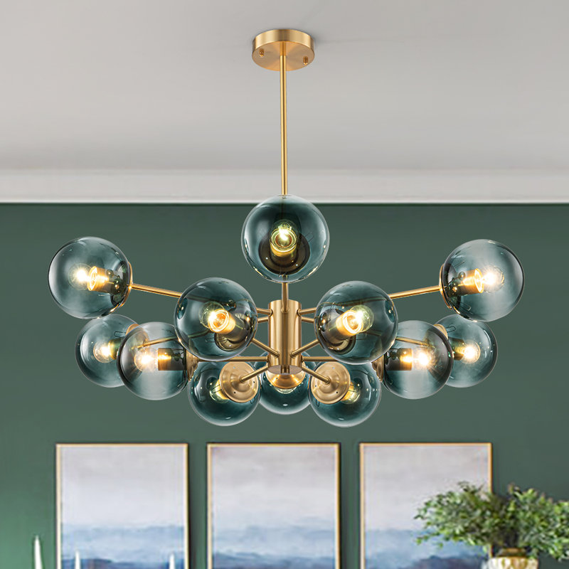 Ealf 12 - Light Gradient Blue Modern Linear Sputnik Glass Bubble Chandelier, Gold