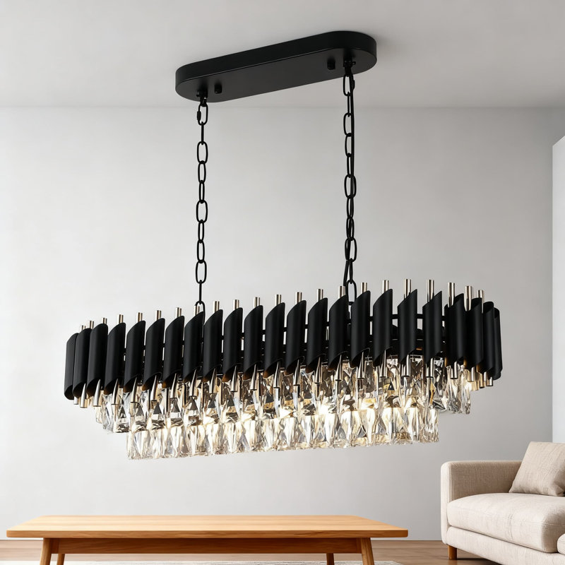 Lustre moderne moderne avec cristaux K9, luminaire suspendu linéaire noir et or avec 8 lumières, lustre en cristal à intensité variable pour salle à manger et îlot de cuisine