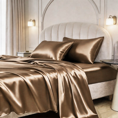 4-Piece Satin Sheets Set Queen Size, 15-Inch Deep Pocket, Luxury Silky Soft Cooling Bed Sheets, Wrinkle Resistant, Cozy Sleep, Camel Brown