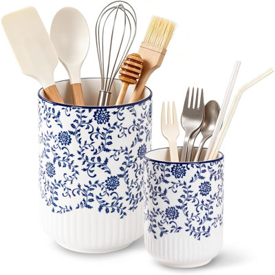 Vintage floral kitchen countertop utensil holder 7.9 "+5.6" ceramic cookware countertop utensil tool storage box - Farmhouse kitchen countertop decoration -2-piece set - blue