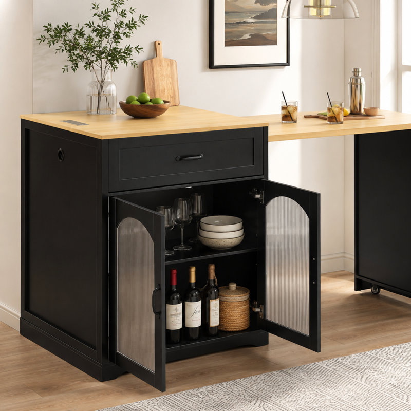 Table de bar extensible UNAROZ avec roulettes, prise électrique et rangement pour bouteilles de vin, Noir