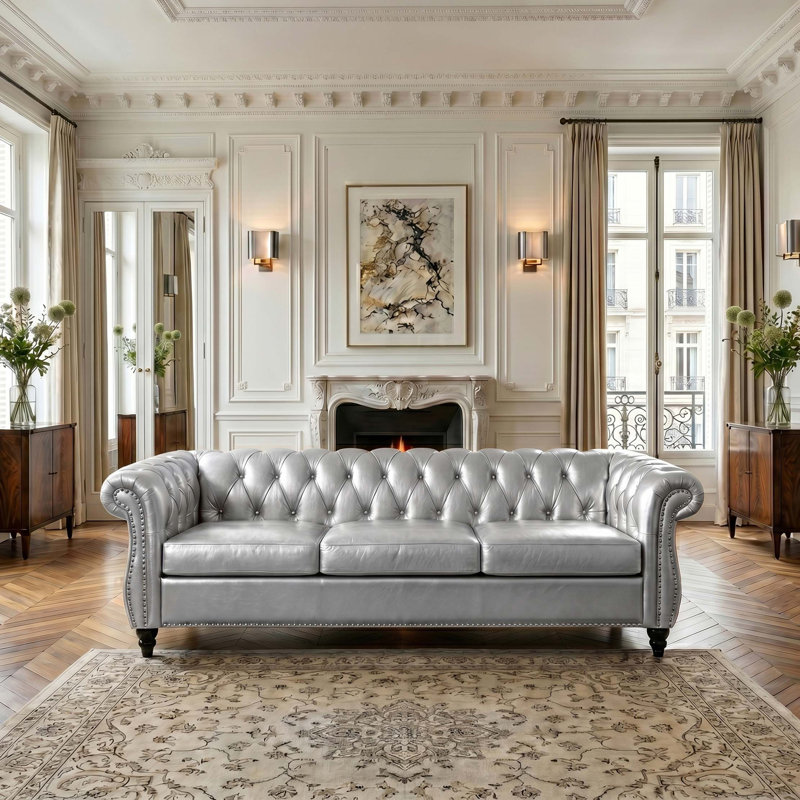 Canapé Chesterfield 3 places élégant avec accoudoirs arrondis, Similicuir argent