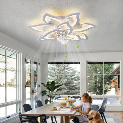 White Ceiling Fan With Lights Remote Control,  6 Speeds 3 Light Color Low Profile Flush Mount Ceiling Fan For Kitchen Bedroom
