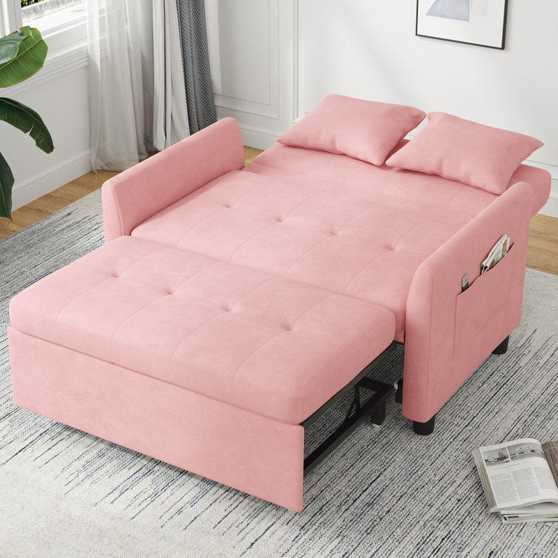 Canapé-lit rembourré 46,5 po, causeuse convertible moderne avec support pour téléphone et poches latérales, Rose