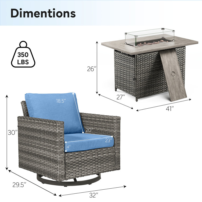 Ensemble extérieur 5 pièces  - 4 planeurs pivotants et table de foyer, chaleur de 55 K BTU, osier PE toutes saisons