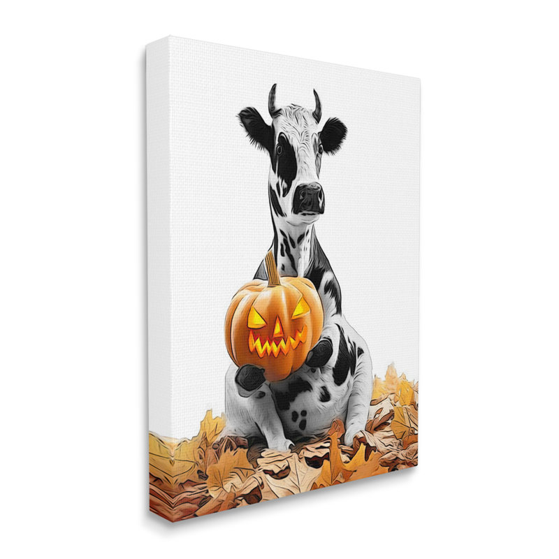 Vache avec citrouille-lanterne sur toile, H 48 po x l 36 po x P 1,5 po