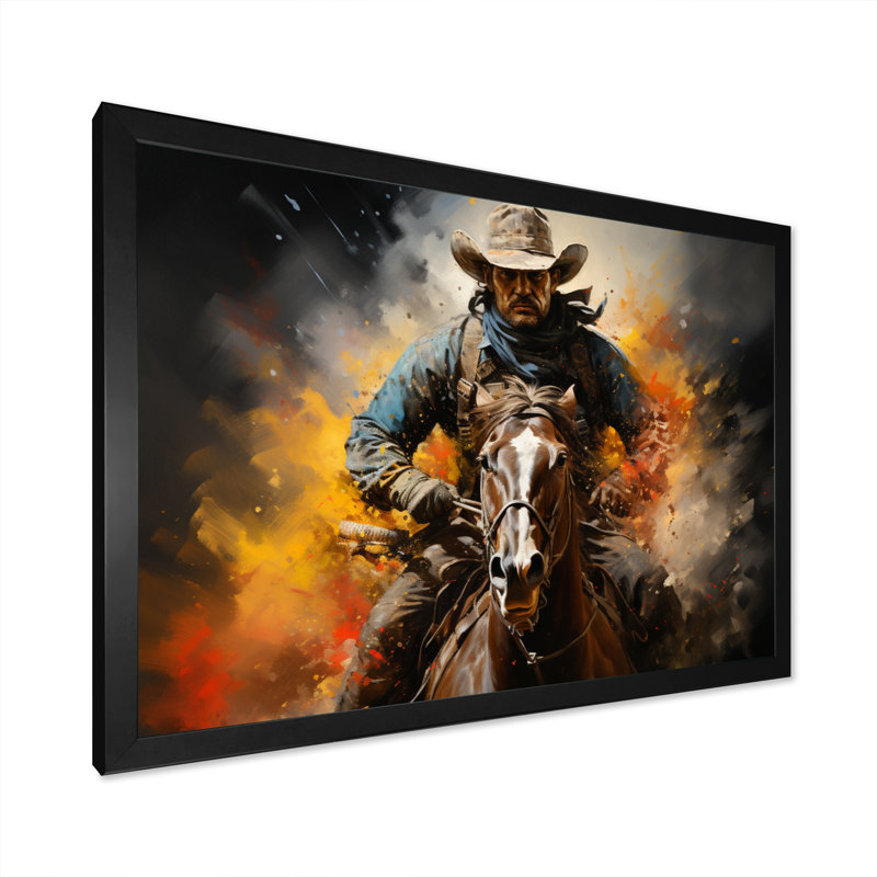 «Western Rodeo Spirit Pointillism Art», reproduction d'art sur toile, H 30 po x l 40 po x P 1,5 po, Cadre noir