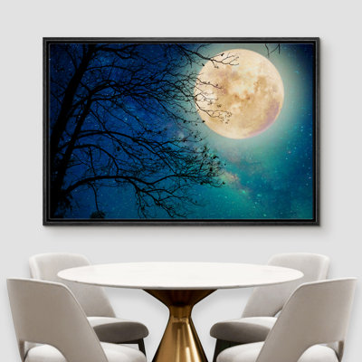 «Harvest Moon In Teal Sky With Trees», cadre flottant, impression sur toile