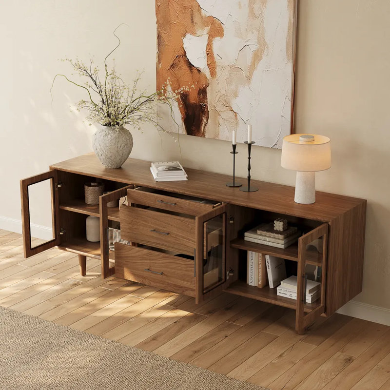 Meuble télé Mid-Century moderne avec portes en verre, entièrement assemblé, H 29,53 po x L 79 po x l 17,72 po, Brun