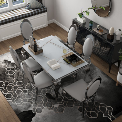 Mid Century Modern Faux Leather Upholstered Dining Room Chairs With Mirrored Stainless Steel Legs Set Of 6 by jajaplus