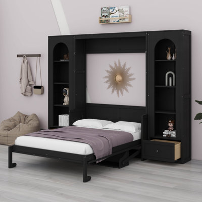 Murphy Platform Bed With Shelf, Side Cabinets, Drawers And LED