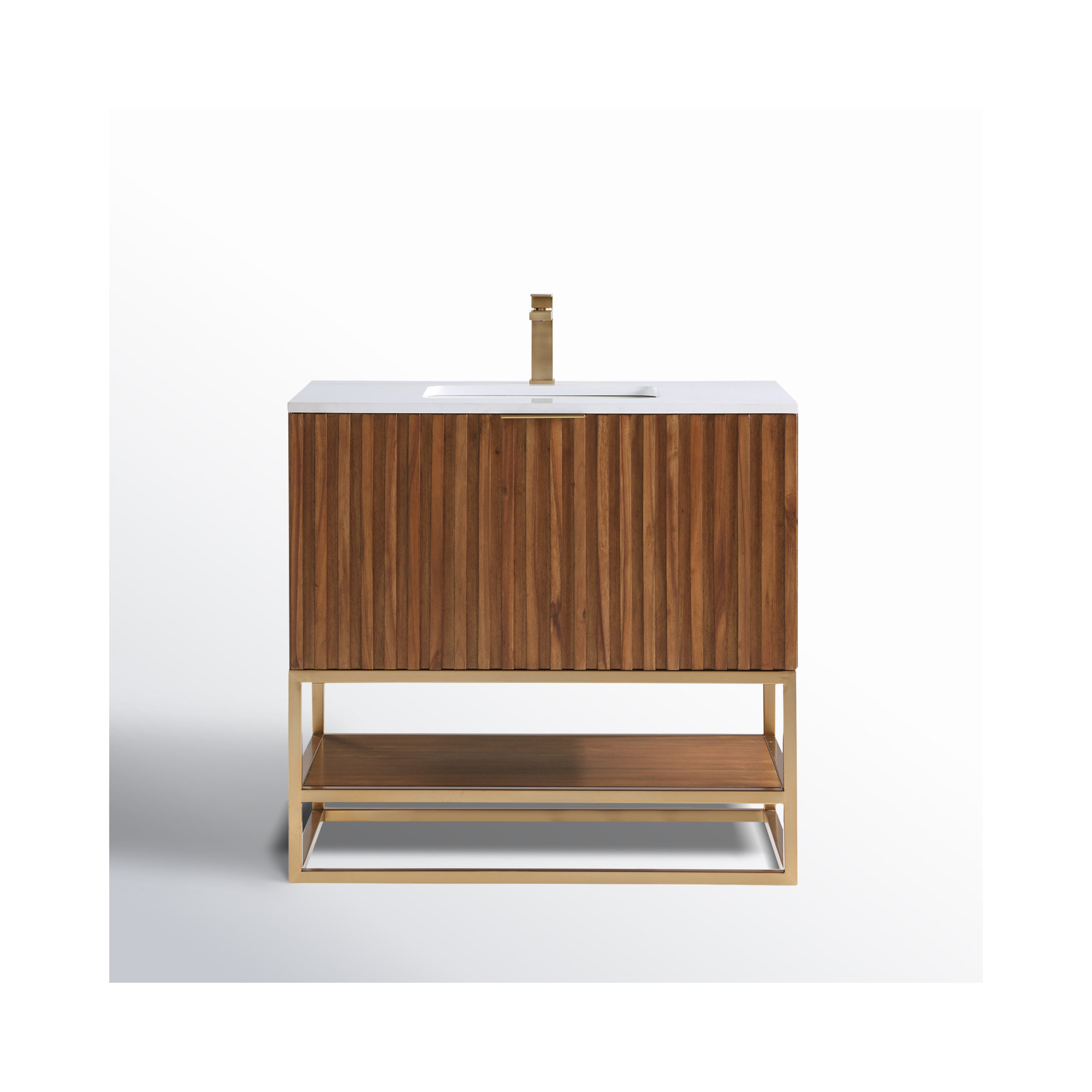 Terra 36'' Single Bathroom Vanity, Satin Brass, Walnut, White Quartz/Single Faucet Mount