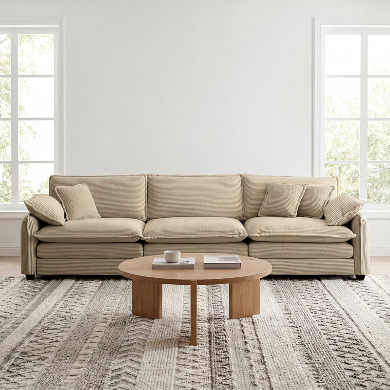 Mid-century Modern 3-seater Sectional Sofa With 2 Arm Pillows And 3 Throw Pillows, Tan