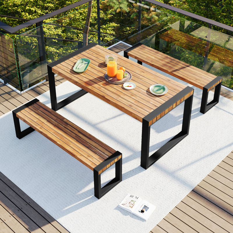 3 chaises de patio avec plateau en bois et pieds en acier, toutes saisons, pour l'intérieur et l'extérieur, variations naturelles, assemblage rapide
