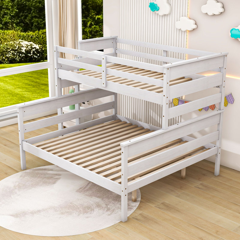 Wood Twin XL Over Queen Bunk Bed With Guardrails And Ladder, Convertible To 2 Beds, White
