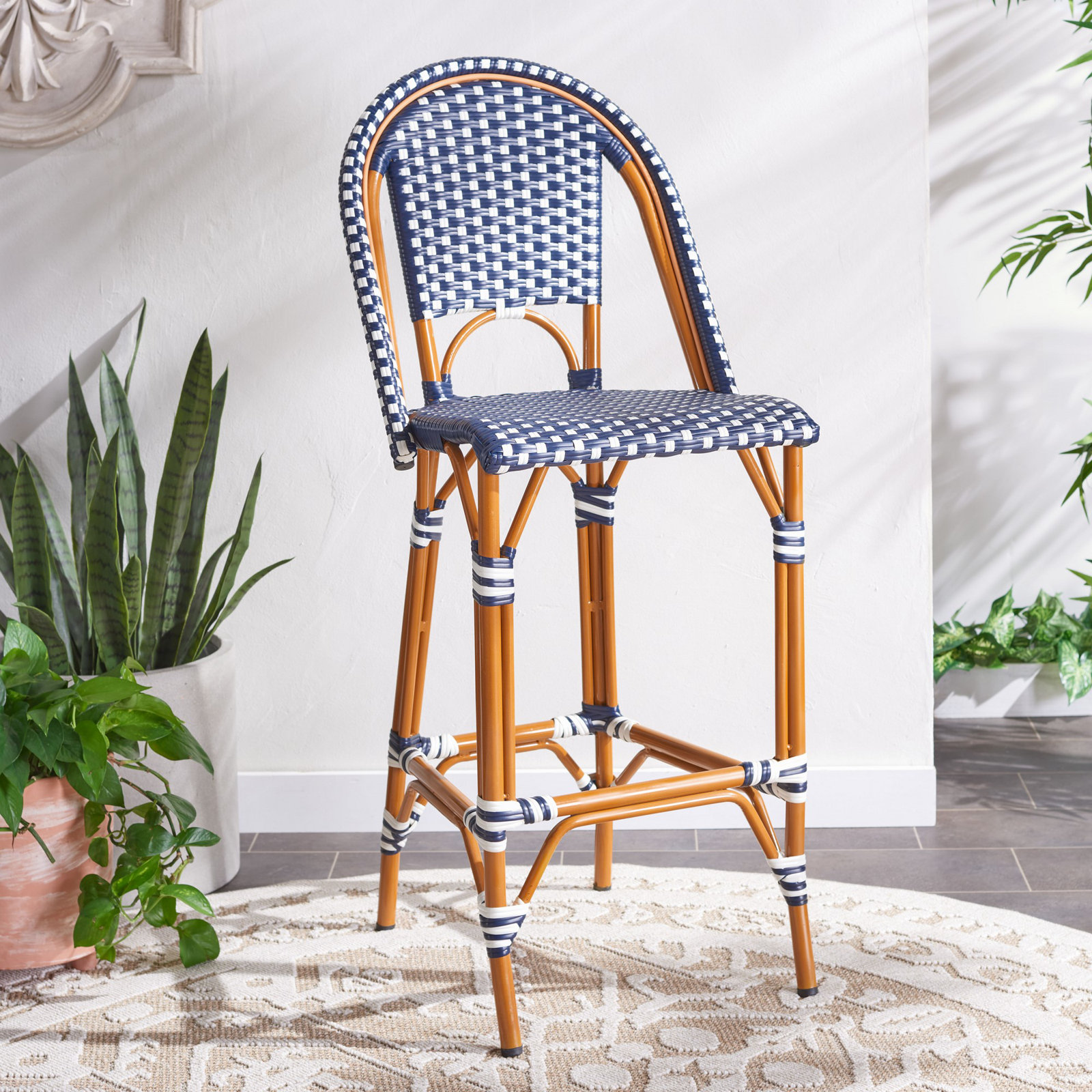 Kerta 46.5'' Outdoor Bar Stool, Navy/White