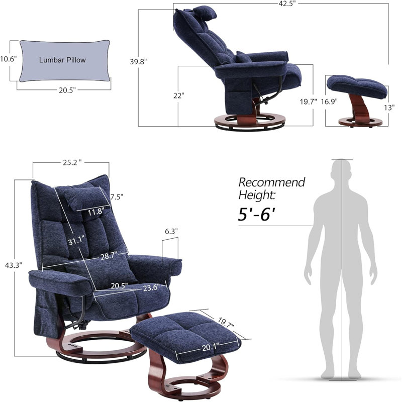 Fauteuil inclinable pivotant Bennith, Chenille bleu