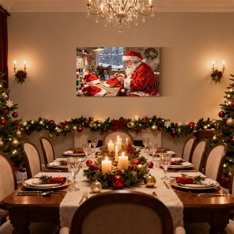 Ensemble de 3 reproductions d'art sur toile, "Christmas Santa Crafting Hats", H 20 po x l 30 po