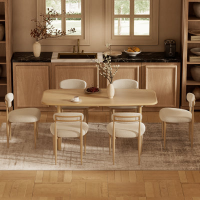 7 Piece Dining Table Set, Kitchen Table &Chairs Set with Rectangel Table and 6 Bouclé Chairs, Dinner Table with Sculptural Cutouts Base for Dining Room