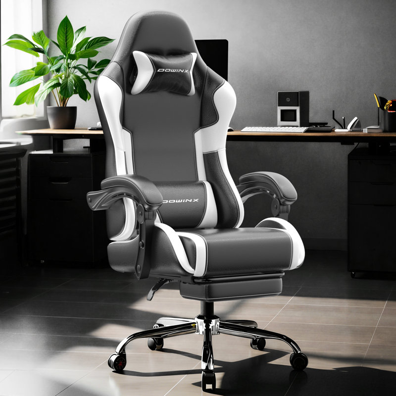  Ergonomic Gaming Chair with Footrest and Massage Lumbar Support, 2D Linkage Armrests and Headrest Pillow, for Office Home and Long Gaming Sessions, 330lbs， White