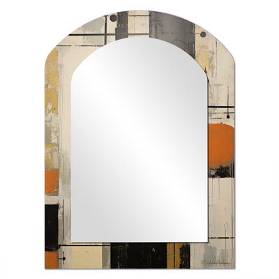 Deconstructed Beige Orange Black White - Abstract Shapes Arch Decorative Mirror, Modern Asymmetrical Wall Mirror, Printed Metal Art
