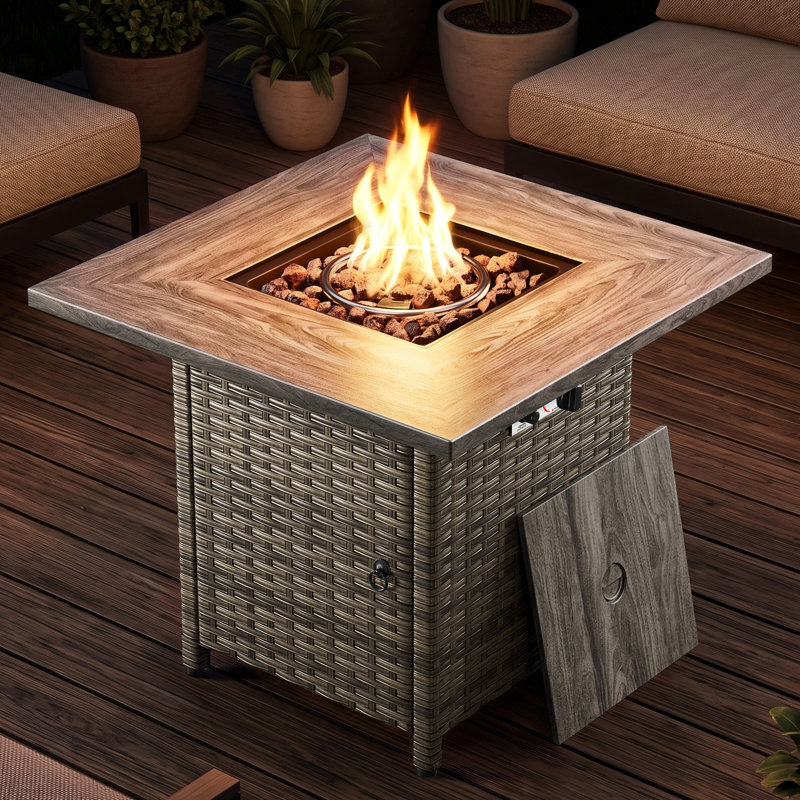 Table de foyer au gaz propane de 50 000 BTU, carrée en osier de 76 cm (30 po), avec couvercle., Gris