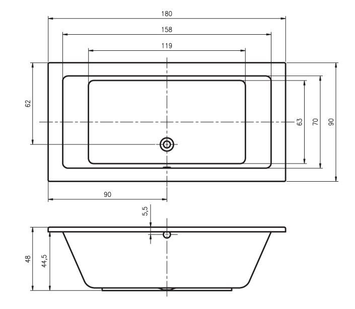 x Soaking Acrylic Bathtub, 80cm H x 190cm L x 100cm D