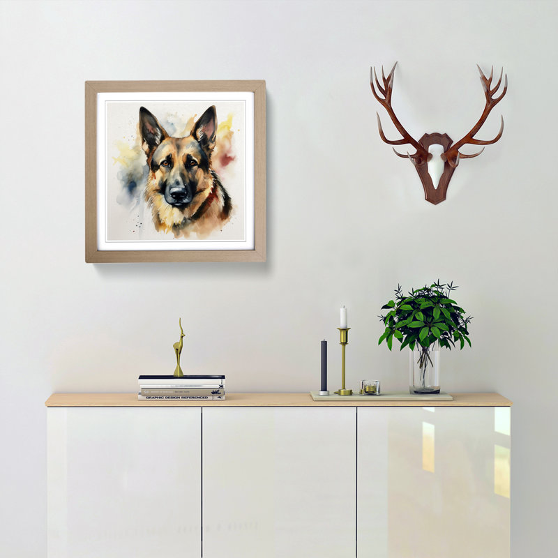 German Shepherd Watercolour - Framed Print, Oak