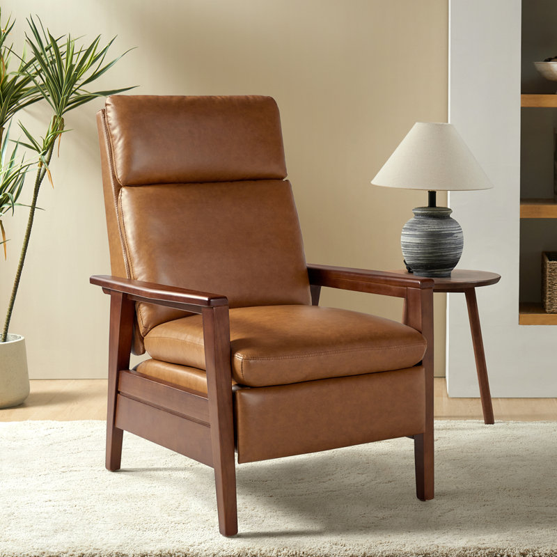 Honorato Mid-Century Modern Vegan Leather Recliner with Solid Wood Frame, Camel Faux Leather