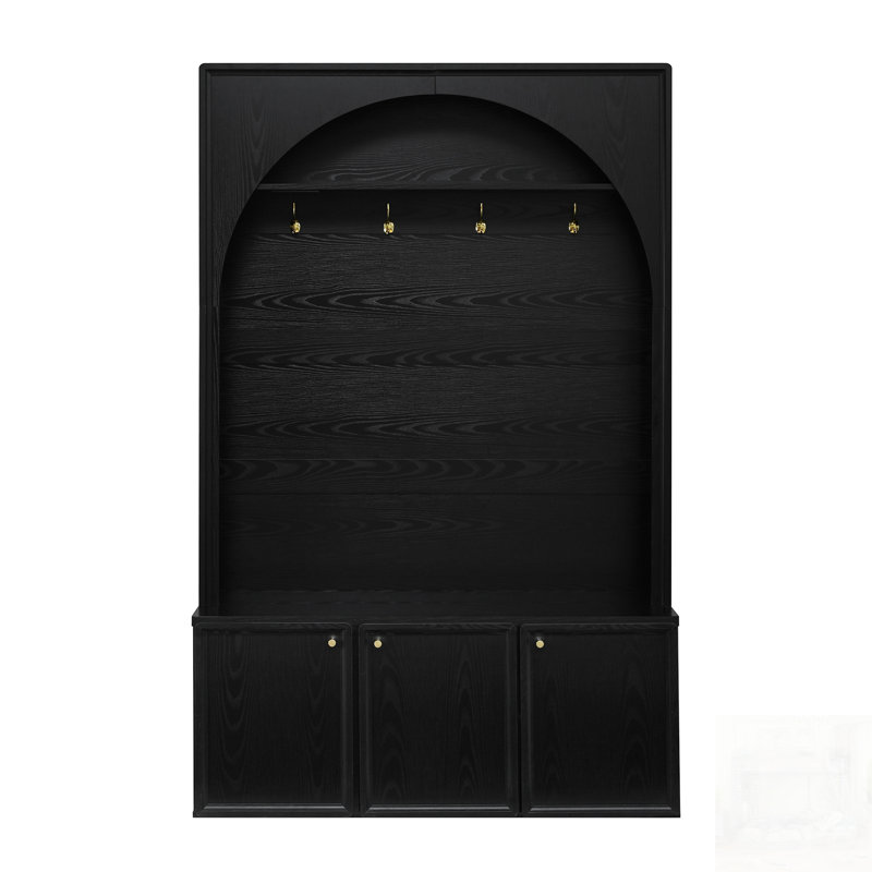 Farmhouse All-In-One Hall Tree With Adjustable Shelves, Retro Arched Entryway Storage Bench With 3 Cabinets And 4 Golden Hooks