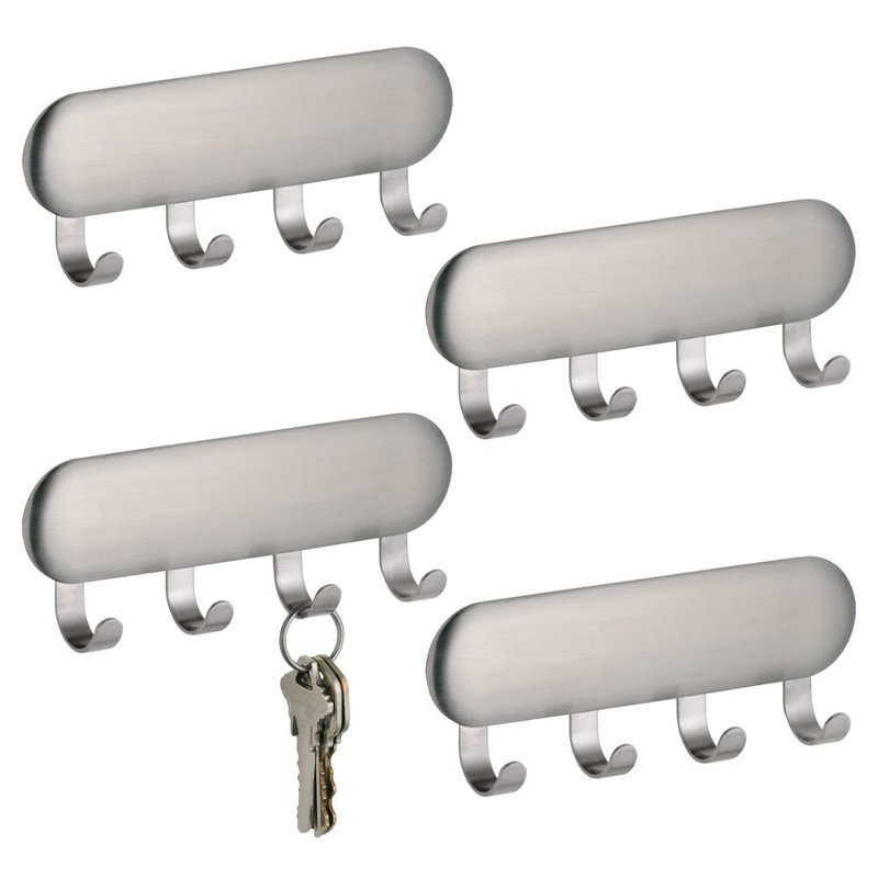 iDesign Self-Adhesive Stainless Steel Key Rack with 4 Hooks - Key Holder for Wall, Set of 4, Brushed