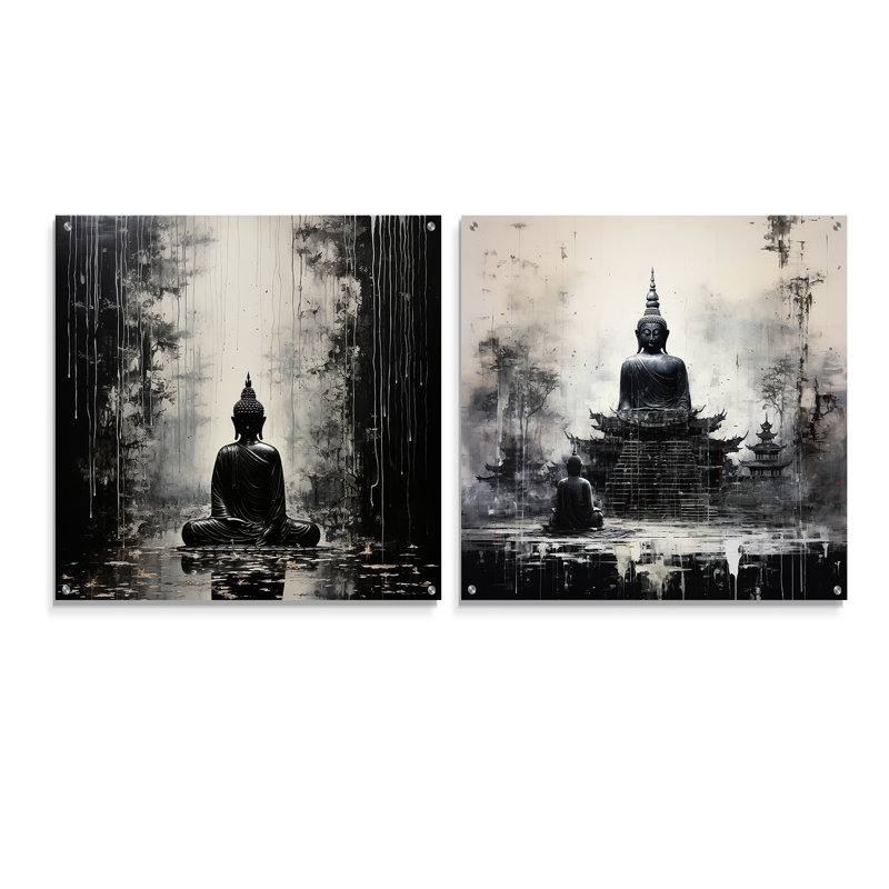 Statue du Saint Bouddhisme - Ensemble de 2 peintures murales en acrylique, H 16 po x l 33 po