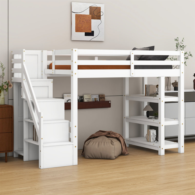 Lit mezzanine avec tablettes, escalier de rangement, petite armoire et lumière DEL blanche, Simple