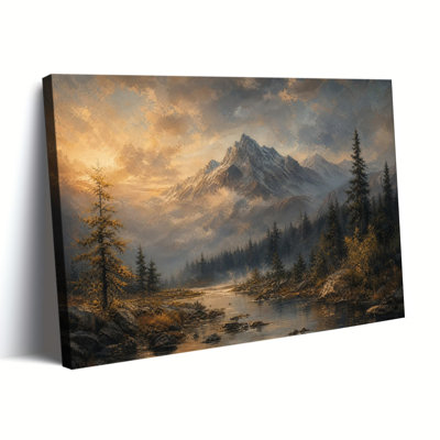 Art rétro sur toile, paysage de montagne, rivière, lever de soleil