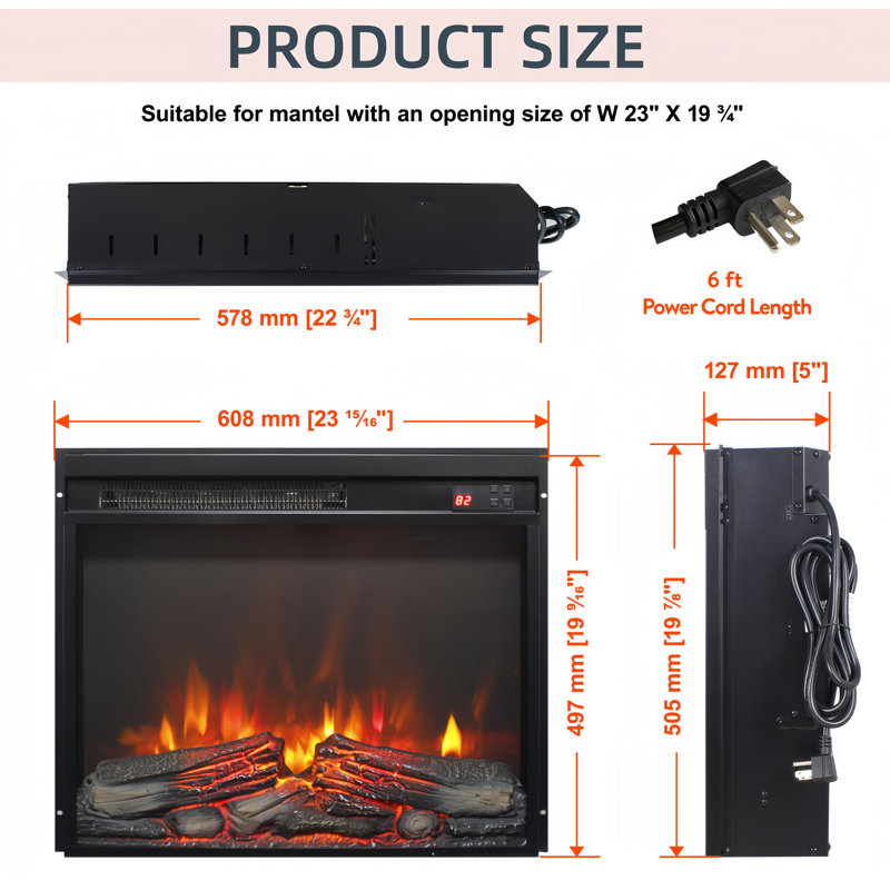 23 Inch Electric Fireplace Insert, Thin Heater With Log Set & Realistic Flame, Remote Control With Timer, Overheating Protection